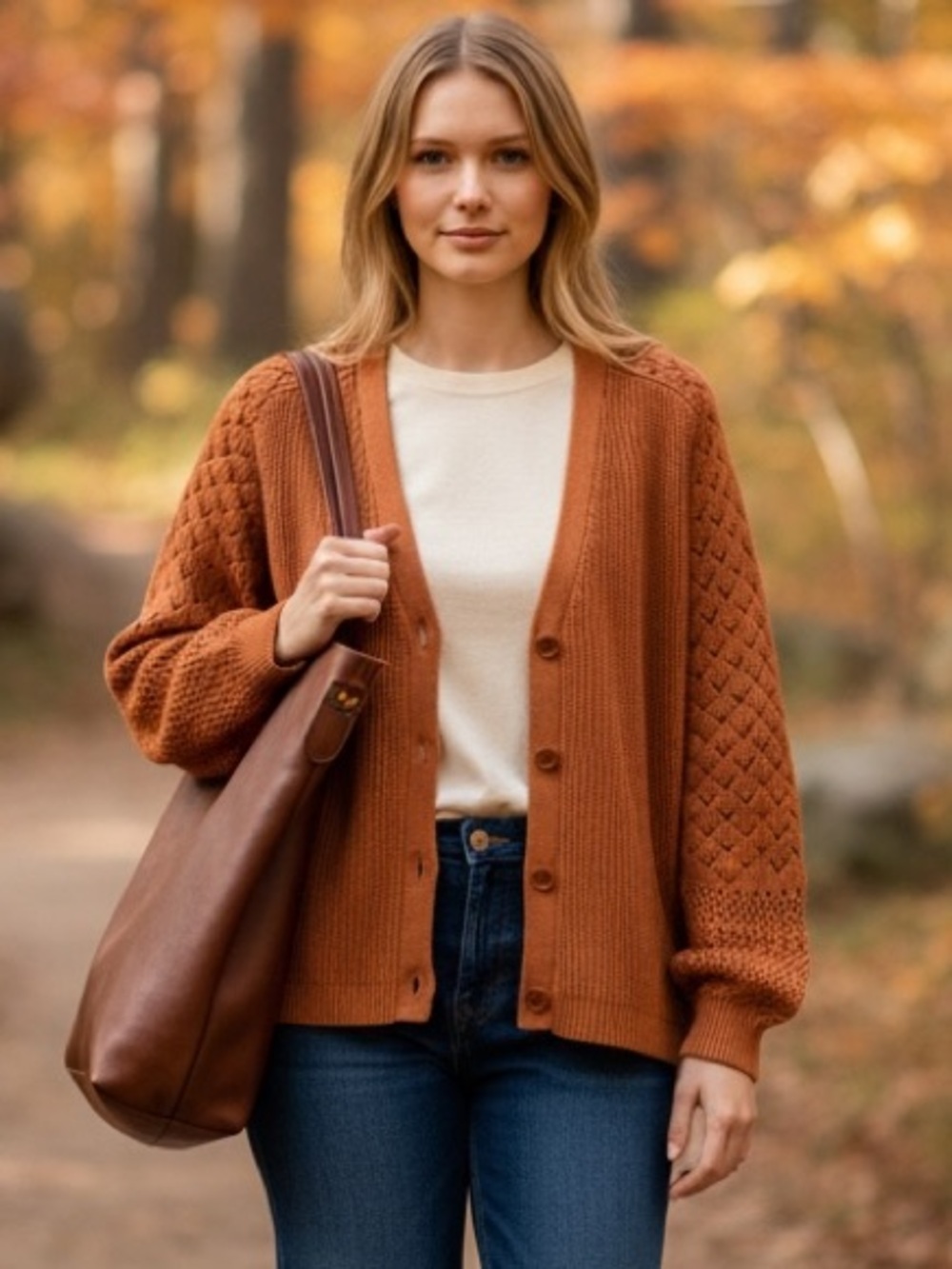 SUNDANCE PERFECT FALL CARDIGAN BURNT ORANGE POINTELLE SLEEVE BUTTON FRONT V-NECK
